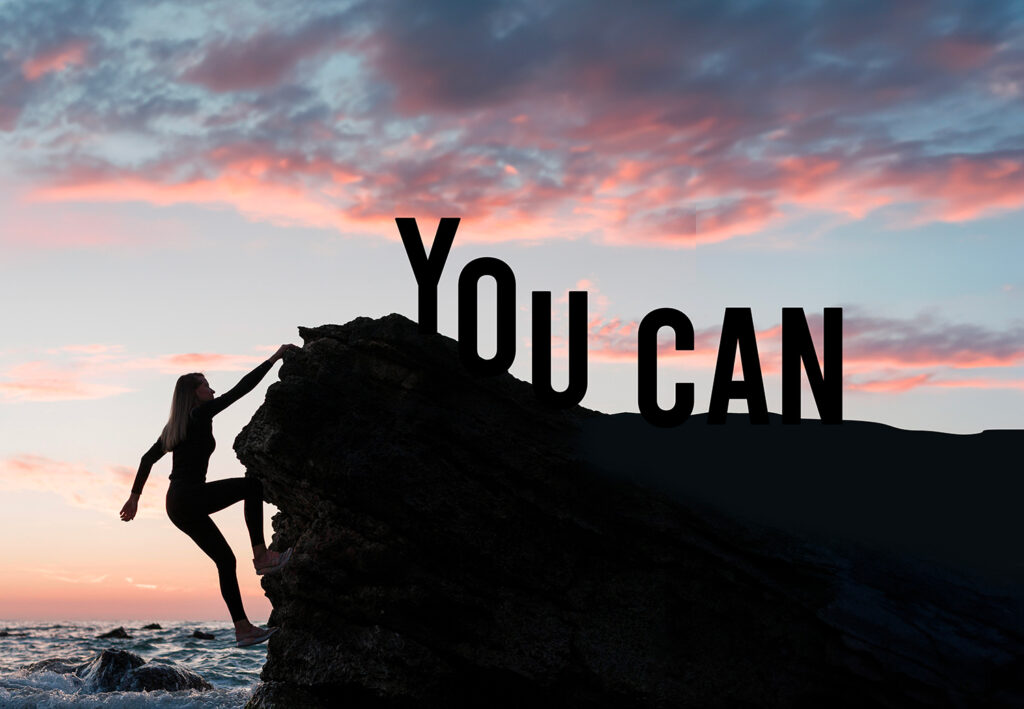 Illustration d'une personne en train de monter sur une colline avec le texte "you can" pour motiver les personnes à surmonter les différents défis dans le but de manger plus pour maigrir
