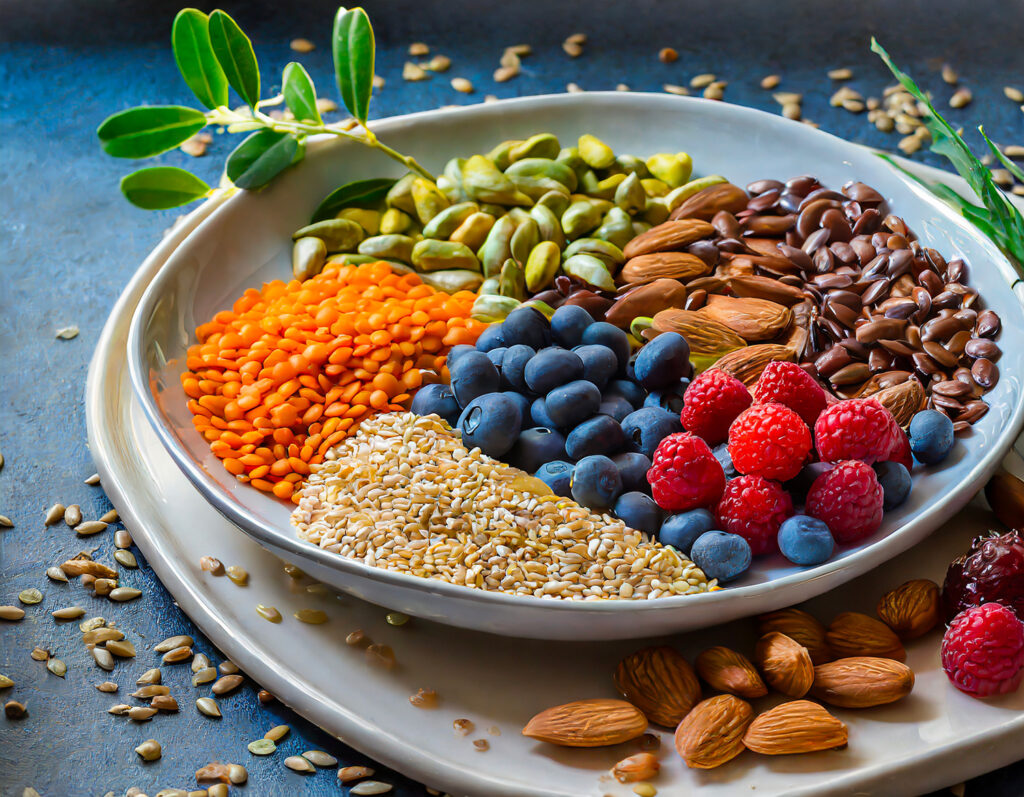 Assiette regroupant différentes sources alimentaires avec de la vitamine B17 comme les noyaux de fruits, amandes amères etc...