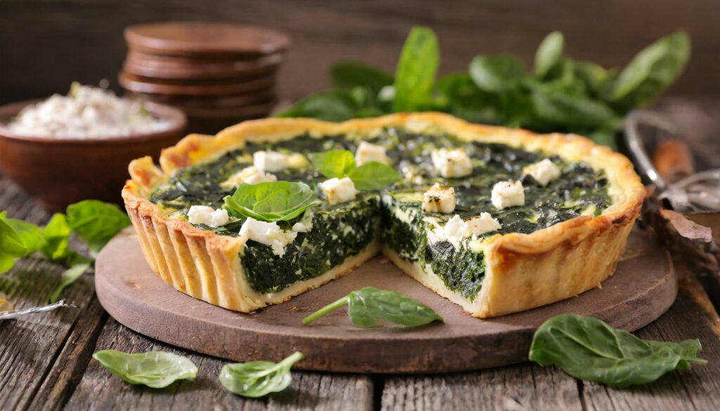 Tarte épinard feta sur un plateau comme plat chaud pour un buffet sucré salé