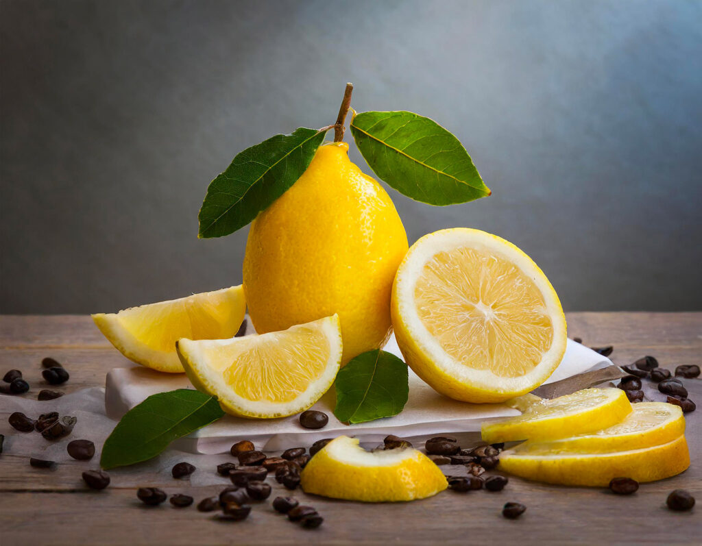 Citron entier sur table avec plusieurs autres parties de citrons coupés
