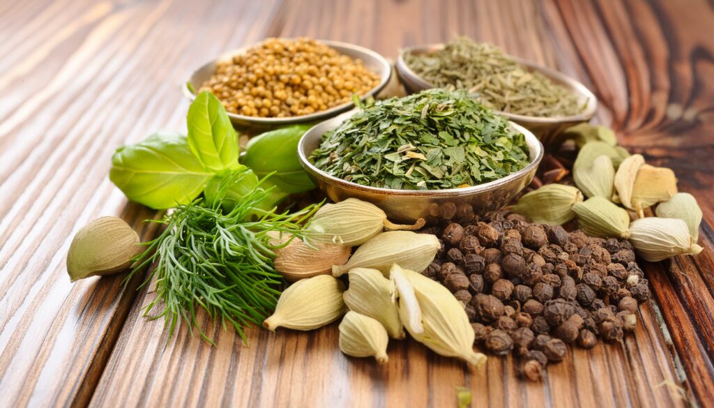 Mélange de : Persil plat, Basilic, Menthe, Cerfeuil, Estragon, Aneth, Ciboulette, Feuilles de fenouil, Feuilles de carvi, Oseille pour remplacer les feuilles de coriandre